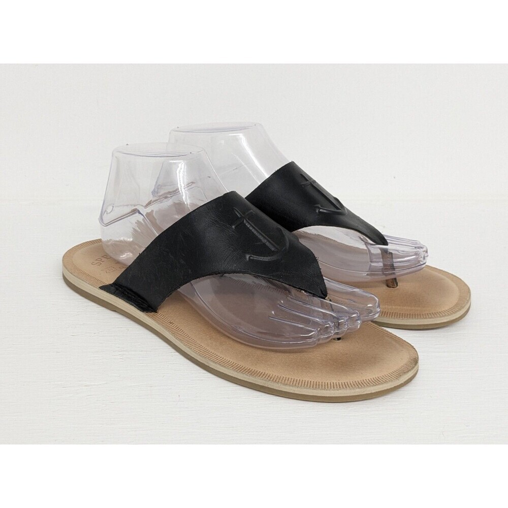 SPERRY TOP-SIDER SZ 9 BLACK ANCHOR EMBOSSED LEATHER SANDAL BEACH VACATION - Picture 2 of 8